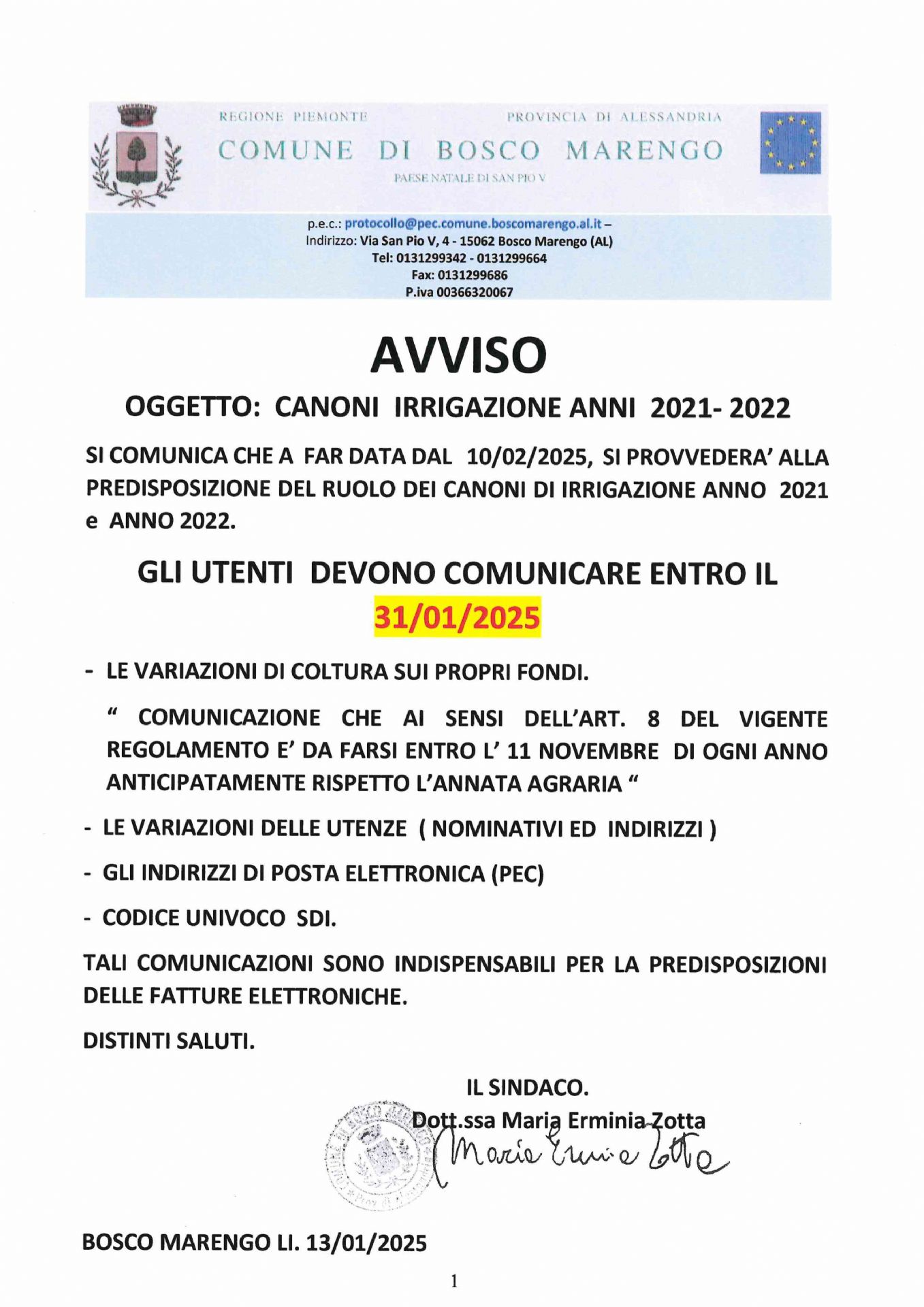 Canoni irrigazione anni 2021-2022