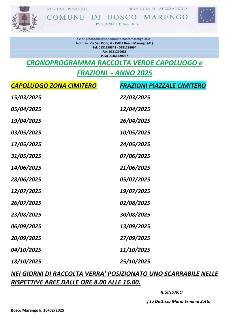 Cronoprogramma Raccolta Verde Anno 2025