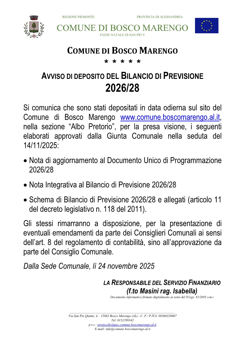 Avviso di deposito bilancio di previsione
