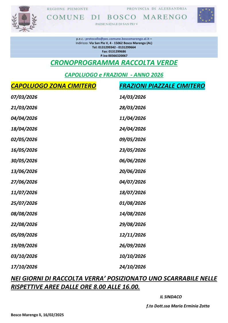 Cronoprogramma raccolta verde